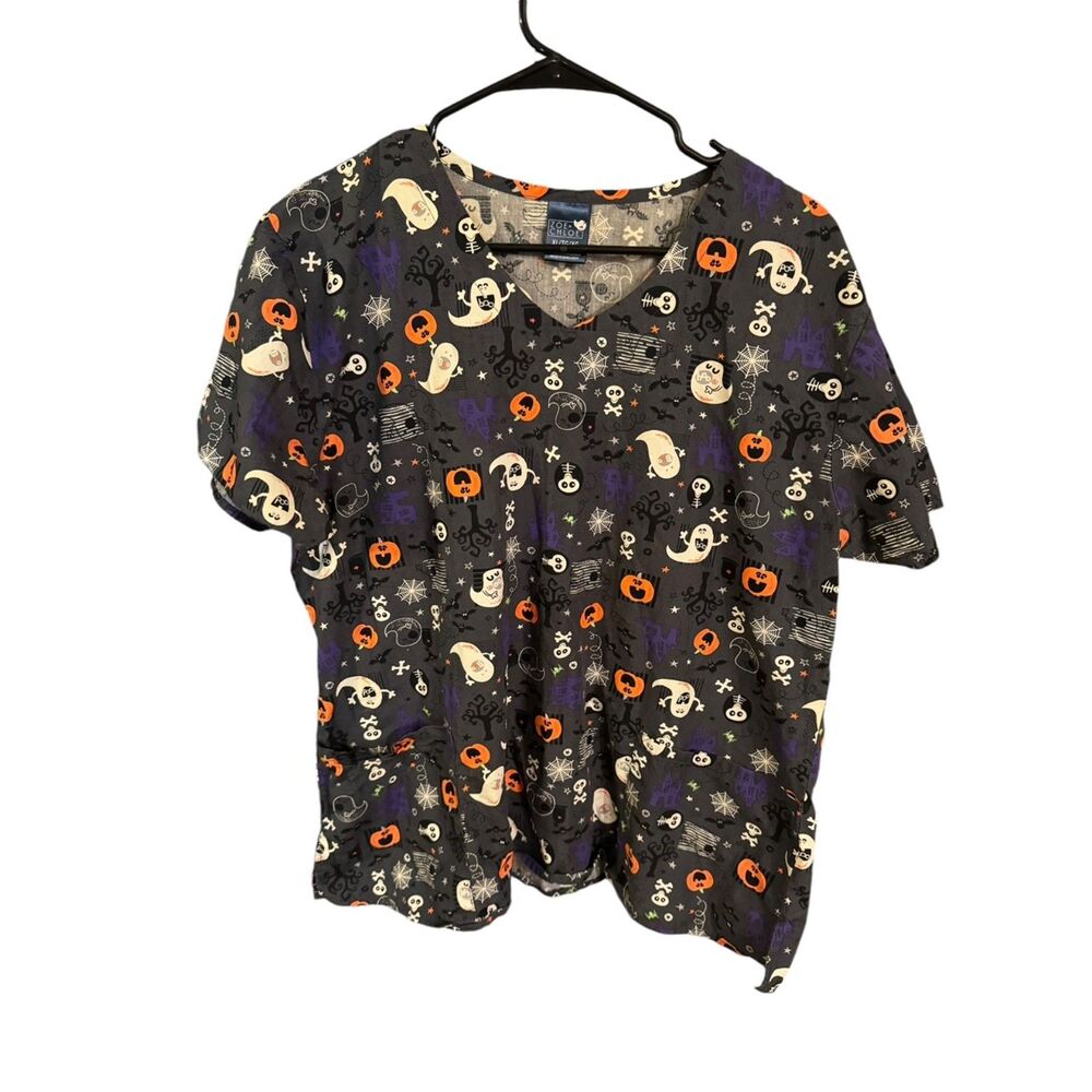 Womens XL Zoe & Chloe Halloween Ghost Pumpkin Short Sleeve Vneck Scrubs Uniform